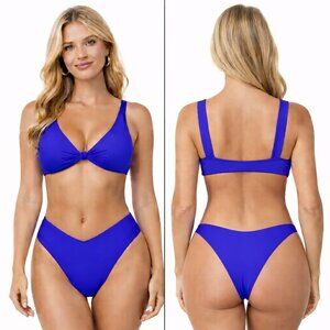 Royal Blue Bikini Set Large V Neck Knot Front Push Up High Cut Cheeky Bottom